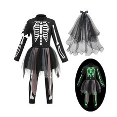 a skeleton costume with tulle skirt and headpieces for children to wear on halloween