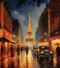 a painting of the eiffel tower in paris with people walking down the street