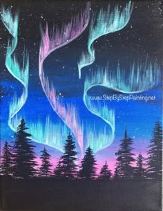 an aurora bore painting on canvas with trees and stars in the sky, as well as two