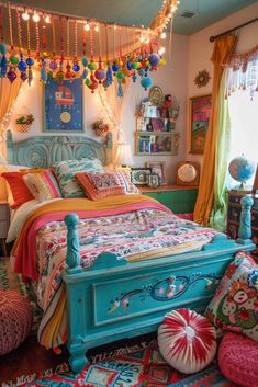 a bedroom decorated in bright colors with lots of lights