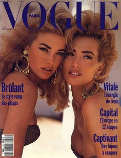 two beautiful women sitting next to each other on the cover of magazine vognee