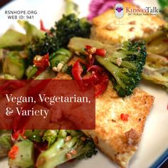 broccoli and other vegetables on a plate with the words vegan, vegetarian & variety