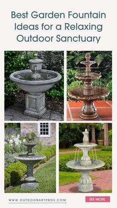 A collage showcasing a variety of garden fountain ideas. This collage includes images of elegant outdoor fountains, modern garden fountains, tiered garden fountains, cascading water features, and stylish patio fountains. Each fountain is set in beautifully landscaped backyards, highlighting their serene and tranquil ambiance. The collage aims to inspire the creation of a relaxing outdoor sanctuary, blending nature's harmony with artistic fountain designs.