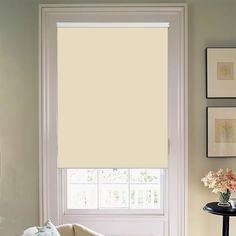 a living room filled with furniture and a window covered in white roller shades on the windowsill