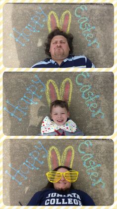 a man with sunglasses and a child wearing bunny ears on his head, in front of chalk drawings