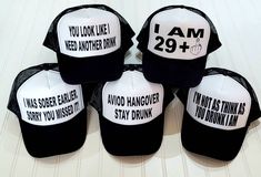 Pick from 14 hat colors. Choose print or glitter flake design. ✔WE DO CUSTOM FONTS The hat features heavy-duty sewn, contrast stitching and a plastic, adjustable snap, back closure. Please contact us if you would like a different color hat or design. Minimum order is 3 hats. Funny Hats For Adults, Taylors Birthday, Birthday Getaway, Bartender Shirts, Trash Party, Bachelorette Hats