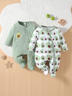 Multicolor  Collar   Fruit&Vegetable Baby Sleepsuit Embellished Slight Stretch  Baby Girls Clothing Egg Avocado, Avocado Print, Striped Bodysuit, Girls Stripes, Baby Outfits, Girls Pajamas, Baby Clothing