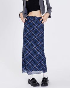 A stylish blue plaid maxi skirt with a high-waist design and drawstring closure. The skirt features a checkered pattern in varying shades of blue, creating a modern yet classic look. Its long, straight silhouette provides a sleek and elegant appearance, perfect for both casual and semi-formal occasions Size:• S: Waist: 62cm/ 24.4 in, Hips: 87cm/ 34.3 in, Length: 90cm/ 35.4 in• M: Waist: 66cm/ 26.0 in, Hips: 91cm/ 35.8 in, Length: 91cm/ 35.8 in• L: Waist: 70cm/ 27.6 in, Hips: 95cm/ 37.4 in, Length: 92cm/ 36.2 in• XL: Waist: 74cm/ 29.1 in, Hips: 99cm/ 48.9 in, Length: 93cm/ 36.6 in• 2XL: Waist: 78cm/ 30.7 in, Hips: 103cm/ 40.6 in, Length: 94cm/ 37.0 inMaterial: Polyester Fairy Aesthetic Clothes, Softgirl Outfits, Plaid Maxi Skirt, Aesthetic Sweaters, Clothes Board, Y2k Mini Skirt, Aesthetic Clothing Stores, Outfits 90s, Clothing Aesthetic