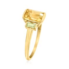 Ross-Simons - 1.60ct Citrine, .20ct t. w. Peridot Ring in 14kt Yellow Gold. Size 5. RS Pure. Modern designs that complete your outfit and complement your personality. The perfect touch of color for your minimalist jewelry collection, this dainty ring features a 1.60 emerald-cut citrine with .20 ct. t. w. baguette peridots in polished 14kt yellow gold. 3/8" wide. Peridot and citrine ring. Peridot birthstones are the perfect gift for August birthdays. Peridot Ring Gold, Citrine Wedding Ring, August Birthdays, Peridot Birthstone, Citrine Jewelry, Peridot Jewelry, Tiny Rings, Peridot Earrings, Bezel Ring