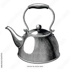 an old tea kettle with a wooden handle on the side, vintage engraved engraving style