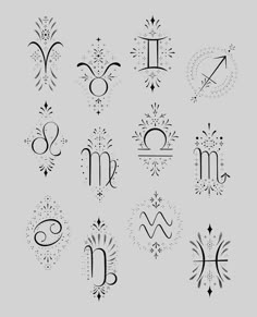 twelve zodiac signs with stars and sparkles on them, all drawn in black ink