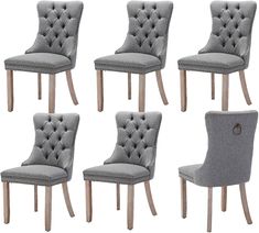 six grey velvet dining chairs with wooden legs and buttoned backs, set of 6