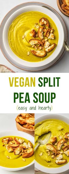 two bowls filled with soup next to each other and the words vegan split pea soup