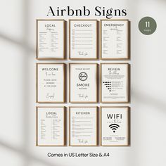 a set of nine airbn signs with the names of different types and colors on them