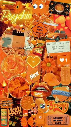 an orange collage with lots of different things on it's sides and words in the middle