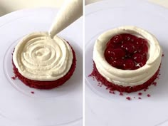 two pictures of a red velvet cake with cream frosting and cherries on top