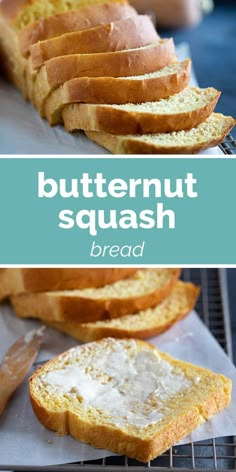 butternut squash bread sliced and sitting on a cooling rack next to a loaf of bread