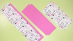 two pieces of pink paper with black and white designs on them next to each other