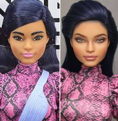 two pictures of the same doll with different hair colors and makeup looks like barbies