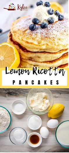 lemon ricotta pancake recipe with blueberries and powdered sugar on the side