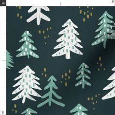 a green and white christmas tree pattern with gold dots on the bottom half of it