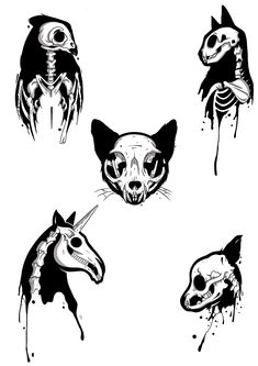 four black and white drawings of cats with skulls on their heads, one in the shape of a cat's head