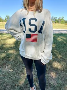 THIS ITEM IS FINAL SALE. NO RETURNS! American Flag USA Graphic Fit: Oversized Fabric Content: 74% Cotton, 26% Polyester Usa Sweatshirt, Denim Romper, Girls Club, Linen Set, Denim Pant, Printed Maxi Dress, Skirt Pants, Print Tops, American Flag