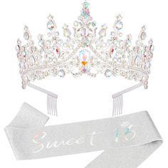 a tiara and ribbon with the word sweet 16 on it, as well as a crown