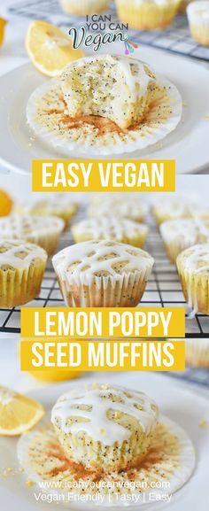 lemon poppy seed muffins on a cooling rack with text overlay that reads easy vegan lemon poppy seed muffins