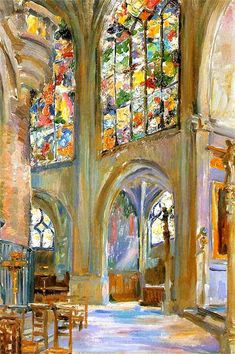 an oil painting of the inside of a church with stained glass windows and pews