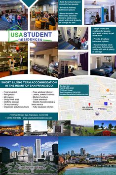 an advertisement for the usa student residence in front of a cityscape with images of buildings