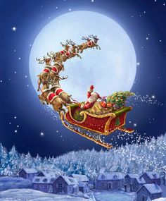 a santa claus sleigh flying in front of a full moon with reindeers