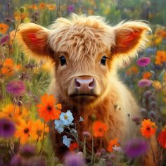 a brown cow standing in a field of flowers