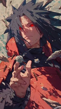 an anime character with red eyes pointing to something in his hand and looking at the camera