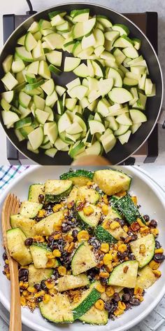 two pans filled with food next to each other