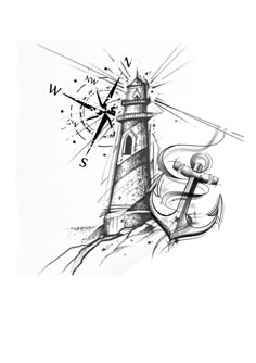 a drawing of a lighthouse with an anchor and compass on the side, in black ink