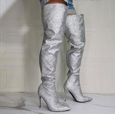 Thigh High Heel Boots, Silver High Heel, Silver Sparkly Heels, Heel Boots For Women, Thigh High Heels, Thigh High Boots Heels, Elegant Heels, Sparkly Heels, Zipper Heels