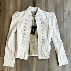 New With Tags White Leather Jacket Outfit Women, Cream Fitted Leather Jacket For Fall, Fitted Cream Leather Jacket For Fall, Fitted Beige Leather Jacket For Spring, White Leather Jacket For Spring Workwear, Fitted Leather Jacket With Buttons For Spring, Trendy Fitted Cream Blazer, Spring White Leather Jacket For Work, Spring Fitted Leather Jacket With Button Closure