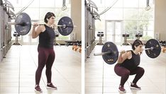 a woman squats while holding a barbell