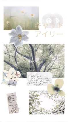 a collage of flowers and trees with japanese characters in the bottom right hand corner