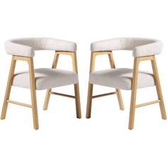 a pair of chairs with wooden legs and upholstered seat cushions in white fabric