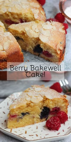 berry bakewell cake on a white plate with raspberries