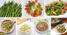 several pictures of different types of food on plates and in pans, including asparagus