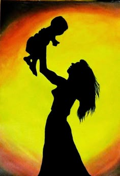 a painting of a woman holding a child in front of a yellow and orange sunset