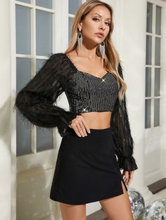 Eco-Friendly Black Sequin Crop Top   Measurement In CM BustWaistLengthS826630M867031L927632XL988233Measurement In Inch BustWaistLengthS32.326.011.8M33.927.612.2L36.229.912.6XL38.632.313.0 Black Sequin Crop Top, Long Sleeved T Shirt, Fishnet Top, Night Club Outfits, Sequin Crop Top, Sequin Shorts, Summer Crop Tops, Solid Color Dress, Solid Clothes