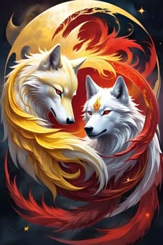 two white and red wolfs are facing each other in front of a full moon