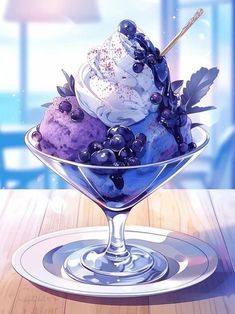 two scoops of ice cream with blueberries in a glass dish