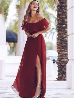 Ruffle Off Shoulder Split Thigh Chiffon Bridesmaid Dress Burgundy   Short Sleeve Chiffon Plain A Line Non-Stretch All Weddings & Events, size features are:Bust: ,Length: ,Sleeve Length: Romantic Bridesmaid Dresses, Off Shoulder Bridesmaid, Off Shoulder Bridesmaid Dress, Long Black Maxi Dress, Split Prom Dresses, Burgundy Bridesmaid, Off Shoulder Gown, 파티 드레스, Burgundy Bridesmaid Dresses