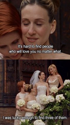 two women in wedding gowns hugging each other with the caption that reads, it's hard to find people who will love you no matter what