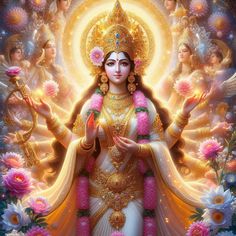 an image of the hindu goddess with her four hands in front of her body, surrounded by flowers